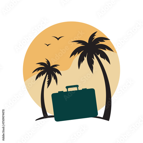 Vintage Suitcase With Palm Shadows On Beach Silhouette Art