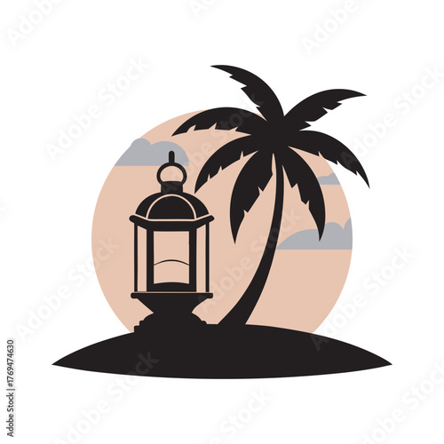 Retro Lantern On Sand Under Palm Beach Silhouette Illustration