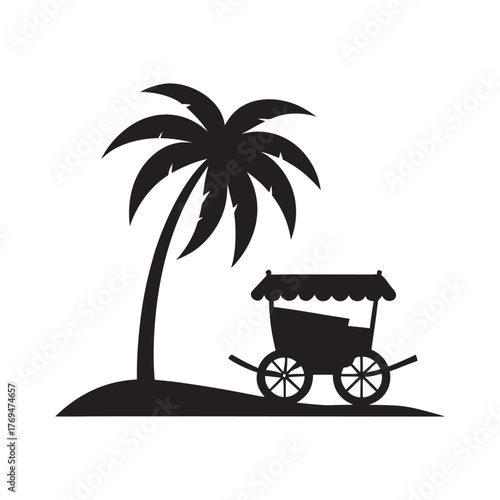 Old Wooden Cart On Palm Beach Silhouette