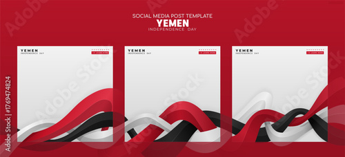 Set of carousel posts template Wavy 3D shapes in red, white, and black suitable for yemen independence day