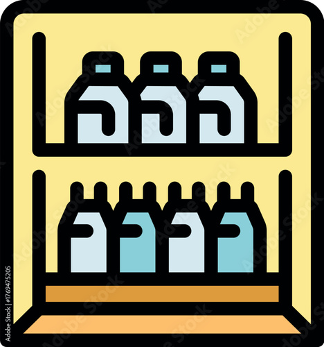 Refrigerator with shelves containing bottles of milk and dairy products, ideal for representing food storage and organization