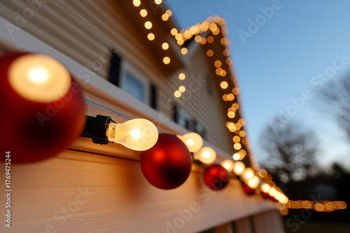 Festive holiday decorations illuminate a cozy home. Warm lights line the roof, paired with red ornaments, creating a cheerful ambiance against a twilight sky.