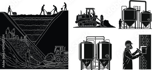 Silhouette vector illustration of workers operating bulldozers, climbing slopes, inspecting tanks, teamwork, safety, excavation, maintenance, construction, engineering, and industry