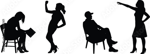 Vector silhouette illustration of people in seated and standing poses for lifestyle concept, posture reference, and expressive human gesture design layout