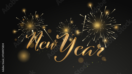 Elegant golden 2026 New Year typography with bright fireworks and sparkling light effects on a dark luxury background celebrating festive season. 2026 New Year Poster Design Vector Illustration 