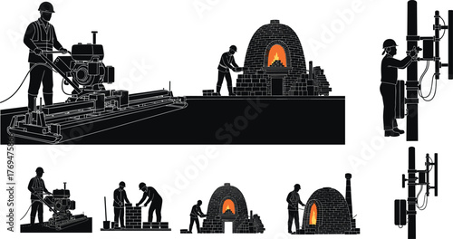 Silhouette vector illustration of workers operating machinery, carrying boxes, tending furnaces, climbing utility poles, teamwork, safety, construction, engineering, labor, and industry