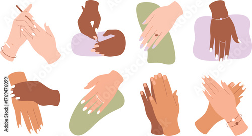 Manicured Hands in Various Poses Diverse Skin Tones, Jewelry, and Nail Polish Illustration