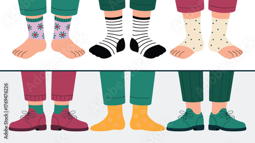 People Wearing Colorful Socks with Various Patterns, Stripes, Dots, and Flowers Illustration