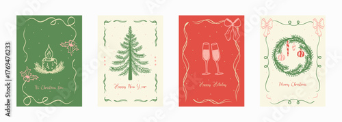 Set vintage cute Xmas greeting card. Minimalist hand drawn line art. Candle, Christmas tree, wine glasses, Christmas wreath for decor, poster, cover.