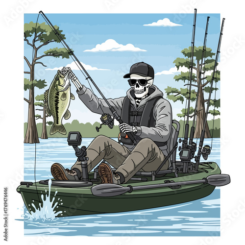Cool skeleton catching a big bass fish while kayak fishing on a lake in a life vest and shades.