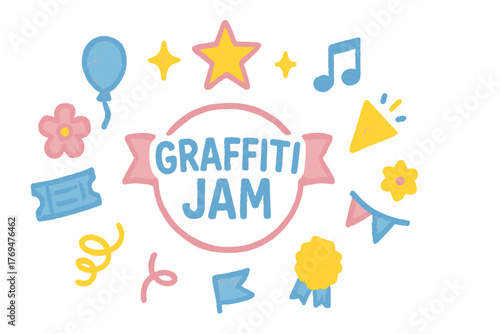 Colorful graffiti jam celebration in a vibrant community space during the summer day