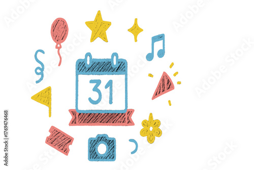 Calendar marks special occasions with colorful icons on a bright background for festive celebrations throughout the year