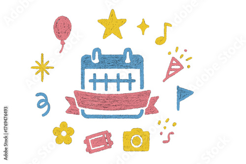 Colorful celebration icons with a calendar, star, and festive elements for a joyful event planning theme