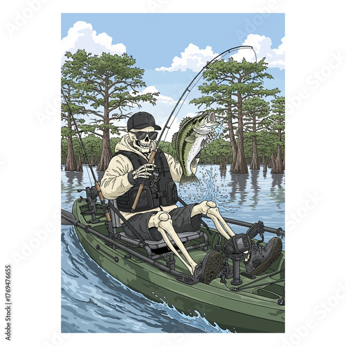 Cool skeleton catching a big bass fish while kayak fishing on a lake in a life vest and shades.