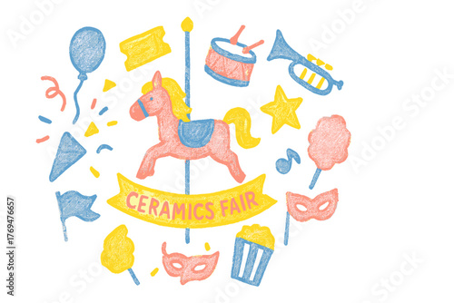 Ceramics fair featuring a colorful carousel horse and festive decorations for a fun community event