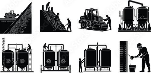 Silhouette vector illustration of workers operating machinery, climbing tanks, inspecting valves, teamwork, safety, maintenance, construction, engineering, industry, and equipment