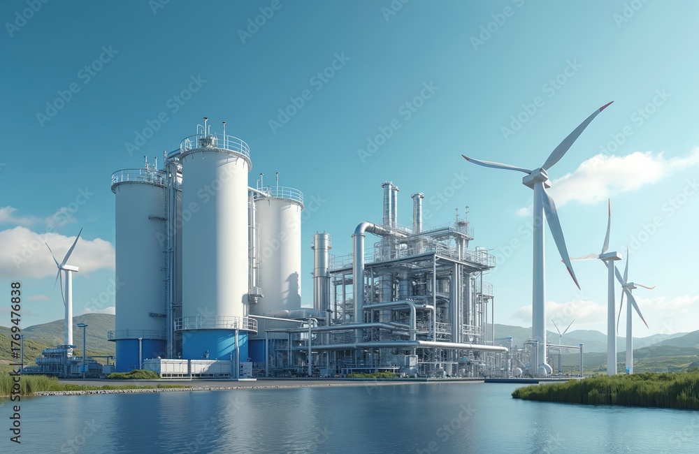 Fototapeta premium Industrial facility with large storage tanks and wind turbines near water. Facility pipes and structures indicate energy production and distribution. Blue sky above green hills.