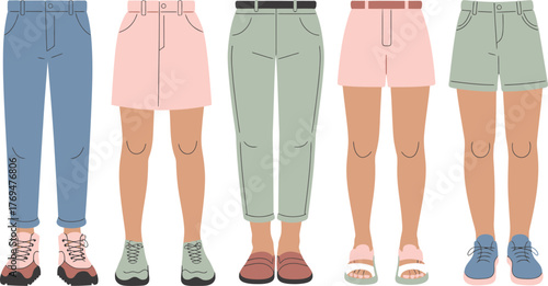 Variety of Fashion Outfits Featuring Skirts, Pants, and Shorts, Footwear Included on a White Background