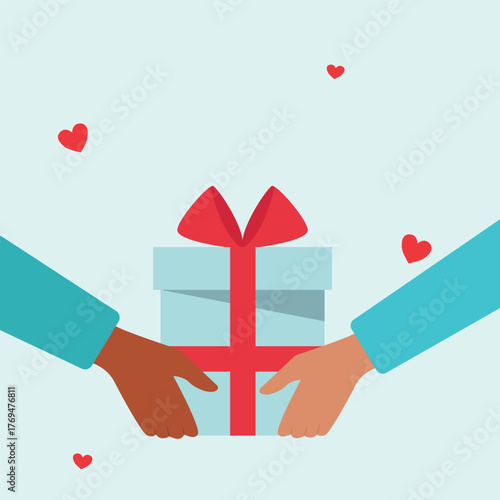Close up of people hand giving and receiving  gift box or presents.  people holds gift box with a red ribbon in hands vector illustration.