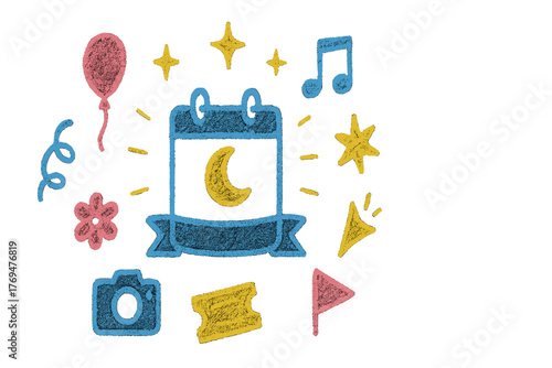 Colorful collection of fun symbols for celebration and events featuring a calendar, music notes, and festive decorations