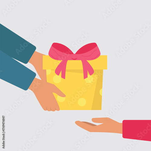 Close up of people hand giving and receiving  gift box or presents.  people holds gift box with a red ribbon in hands vector illustration.