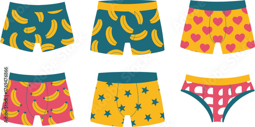 Variety of Fun Cartoon Underwear with Bananas, Stars, Hearts, and Geometric Pattern Designs