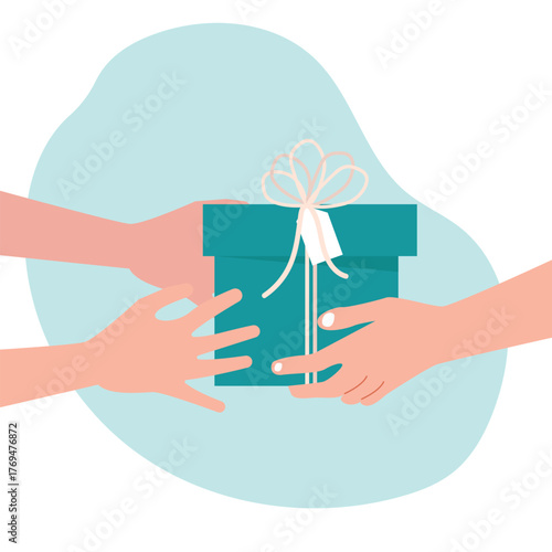 Close up of people hand giving and receiving  gift box or presents.  people holds gift box with a red ribbon in hands vector illustration.