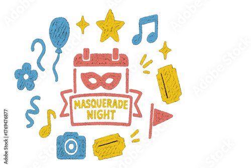Festive masquerade night with colorful decorations and fun activities planned for attendees to enjoy