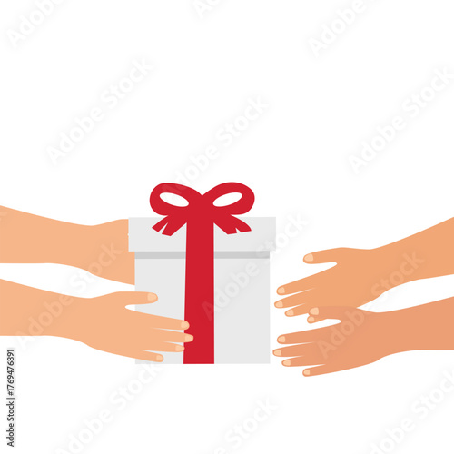Close up of people hand giving and receiving  gift box or presents.  people holds gift box with a red ribbon in hands vector illustration.