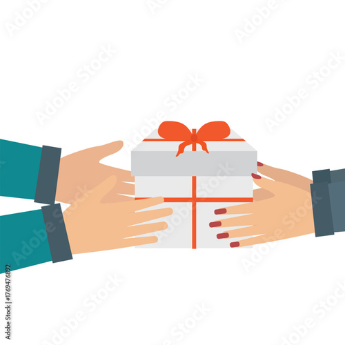 Close up of people hand giving and receiving  gift box or presents.  people holds gift box with a red ribbon in hands vector illustration.