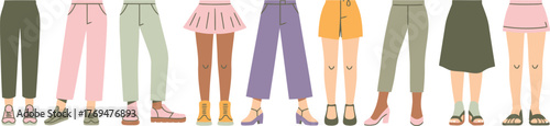 Variety of Fashionable Women's Bottoms with Diverse Shoe Styles on Display