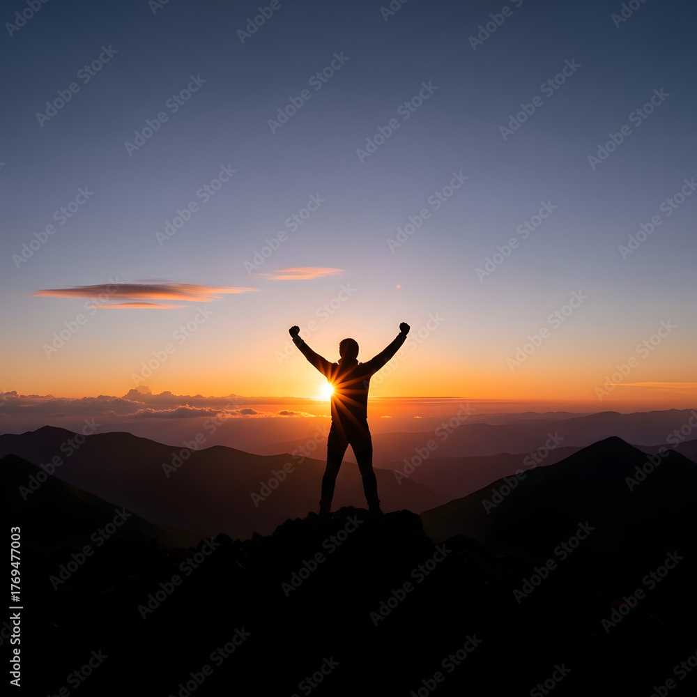 Fototapeta premium Conquering Peaks at Sunset: An individual stands triumphant atop a mountain, silhouetted against a radiant sunset, embracing the vastness of nature and the sense of accomplishment. 