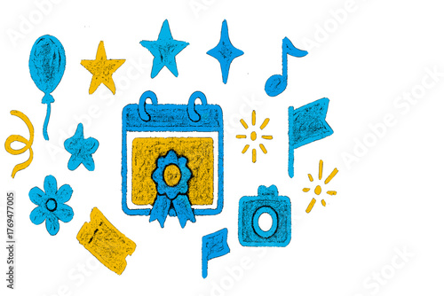 Colorful celebration elements with a calendar icon and other festive symbols showing planning for events