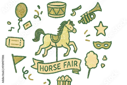 Colorful carnival elements featuring a carousel horse and festive decorations for a horse fair event