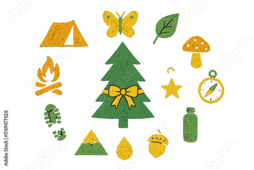 Nature-themed icons featuring a tree, tent, butterfly, and other outdoor elements for creative design