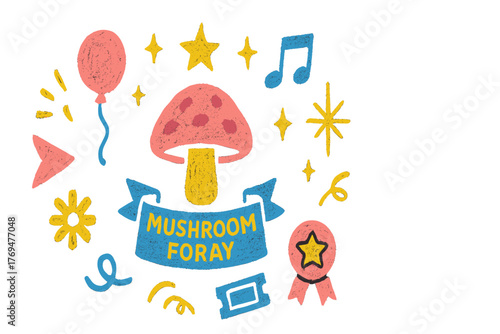 Mushroom foray celebration with colorful decorations and festive symbols
