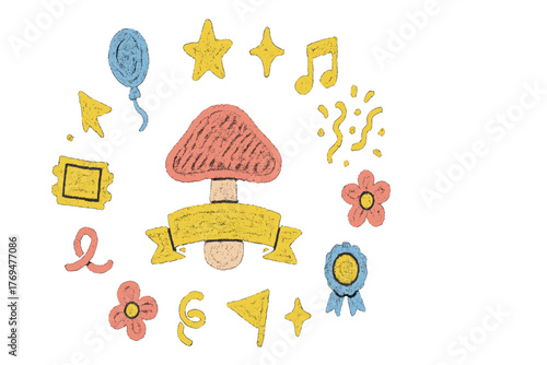 Fun and colorful doodle featuring a mushroom and party elements for a festive atmosphere