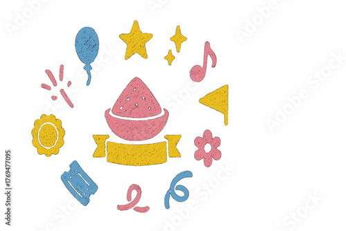 Bright and colorful decorations for a fun celebration or party event with various shapes and symbols