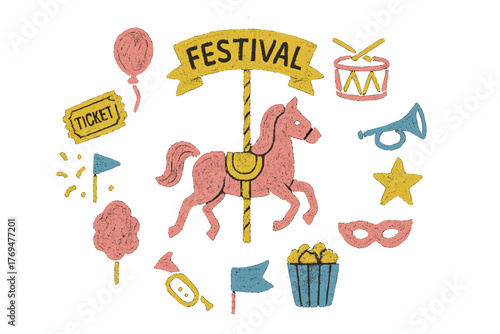Colorful carousel horse and festival elements including tickets, balloons, and masks for a fun celebration