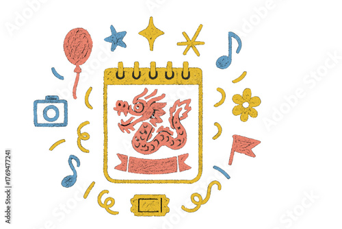 Colorful dragon festival illustration featuring festive elements and celebratory symbols in bright colors