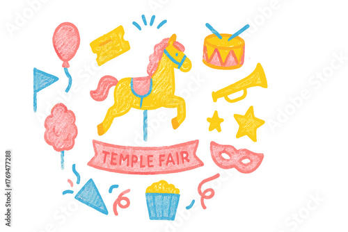 Colorful decorations and activities bring excitement to the temple fair celebration held in the local community park during the summer