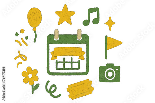 Decorative event planning elements featuring a calendar, star, balloon, and camera in bright colors