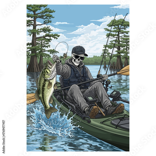 Cool skeleton catching a big bass fish while kayak fishing on a lake in a life vest and shades.