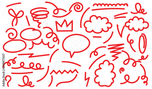 Collection of red handdrawn doodle elements and symbols.