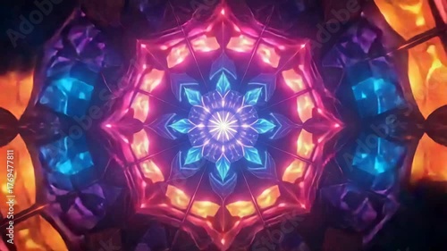 Abstract fractal kaleidoscope pattern glowing with vibrant neon colors.
