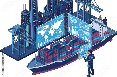 Futuristic cargo port with ship, digital screens, and data analytics representing smart logistics, global shipping, container tracking, and supply chain