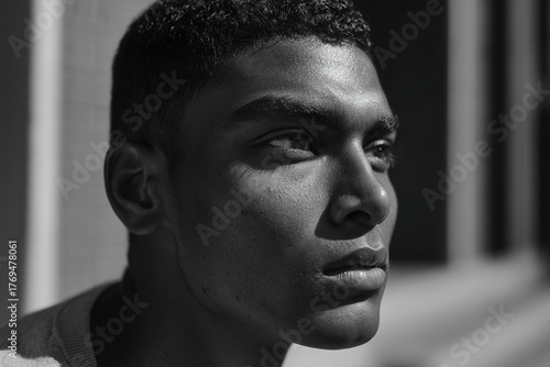 A black-and-white portrait, using soft natural light to gently highlight his facial features, emphasizing the simplicity and depth of a monochrome portrait.