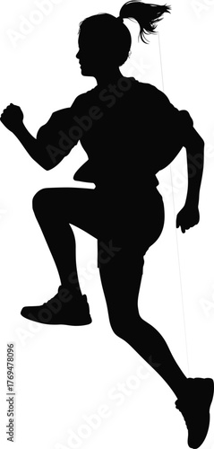 Vector silhouette illustration of person running or jumping with ponytail and rope for fitness concept, motion design, and athletic activity reference