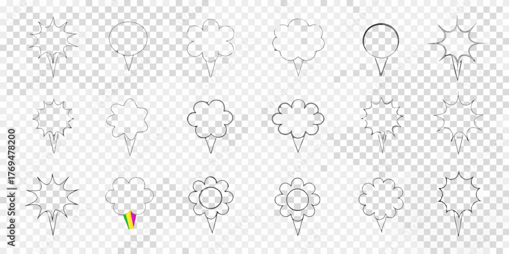 Fototapeta premium Collection of hand drawn speech bubble and location pin icons with transparent backgrounds