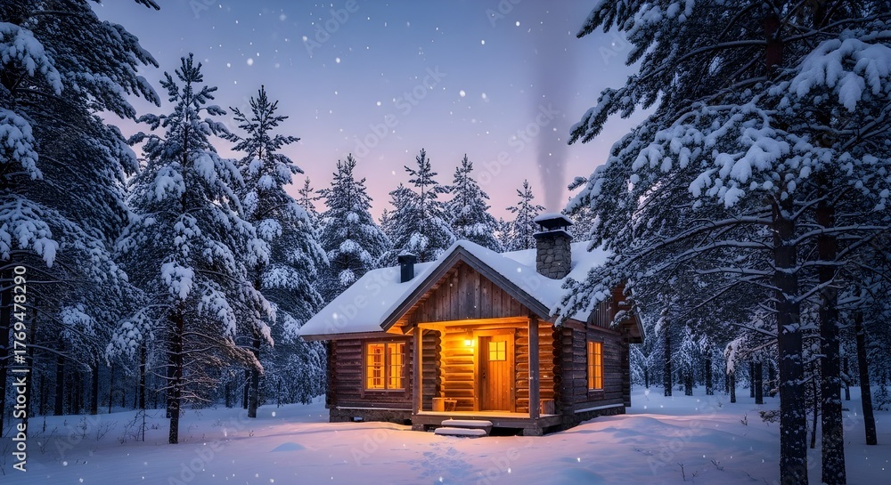 Naklejka premium A charming wooden cottage in the middle of a snowy forest illuminated by golden light, creating a calm and cozy winter evening scene